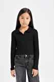 DeFacto Kız Çocuk Cropped Fit Polo Yaka Basic Düz Fitilli Kaşkorse Uzun Kollu Tişört D3367A824AUBK81