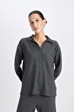 DeFacto Antrasit Relax Fit Polo Yaka Casual Fitilli Kaşkorse Uzun Kollu Tişört B2404AX24AUAR53