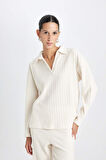 DeFacto Relax Fit Polo Yaka Casual Fitilli Kaşkorse Uzun Kollu Tişört B2404AX24AUBG186