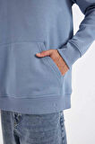 X8283 Mavi Cepli Regular Fit Kapüşonlu İçi Yumuşak Tüylü Basic Düz Sweatshirt