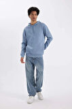 X8283 Mavi Cepli Regular Fit Kapüşonlu İçi Yumuşak Tüylü Basic Düz Sweatshirt