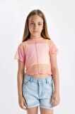 DeFacto Kız Çocuk 2'li Takım Crop Bisiklet Yaka Degrade Baskılı Tül Kısa Kollu Tişört Atlet C8717A824SMPN179