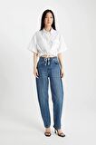 DeFacto Cropped Fit Gömlek Yaka Keten Karışımlı Kısa Kollu Bluz C6812AX24SMWT34