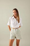 DeFacto Cropped Fit Gömlek Yaka Keten Karışımlı Kısa Kollu Bluz C6812AX24SMWT34