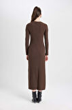 DeFacto Bodycon Vücudu Saran Bisiklet Yaka Basic Düz Kaşkorse Uzun Kollu Maxi Elbise D3373AX24WNBN322