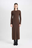 DeFacto Bodycon Vücudu Saran Bisiklet Yaka Basic Düz Kaşkorse Uzun Kollu Maxi Elbise D3373AX24WNBN322