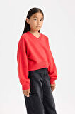 DeFacto Kız Çocuk Cropped Fit V Yaka Basic Düz Sweatshirt D7047A824WNRD348