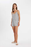 DeFacto Pijama Takım Ribana Askılı Üst Şort-Fall in Love C7996AX24HSGR93