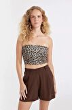 DeFacto Slim Fit Dar Kesim Leopar Desenli Straplez Fitilli Kaşkorse Atlet D4550AX24SMBK81