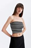 DeFacto Slim Fit Dar Kesim Çizgili Straplez Fitilli Kaşkorse Bluz D4549AX24SMBK81