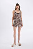 DeFacto Saten Pijama Takımı Leopar Desenli Askılı Pijama Üstü Esnek Belli Şortlı Pijama Altı-Fall in Love D4406AX24HSBK27