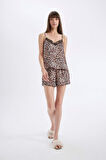 DeFacto Saten Pijama Takımı Leopar Desenli Askılı Pijama Üstü Esnek Belli Şortlı Pijama Altı-Fall in Love D4406AX24HSBK27