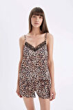 DeFacto Saten Pijama Takımı Leopar Desenli Askılı Pijama Üstü Esnek Belli Şortlı Pijama Altı-Fall in Love D4406AX24HSBK27