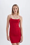 Bodycon Kare Yaka Kırmızı Askılı Mini Elbise