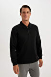 DeFacto Regular Fit Polo Yaka Yarım Fermuarlı Basic Düz Sweatshirt D2279AX24AUBK81