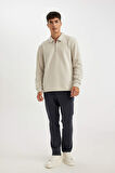 Regular Fit Polo Yaka Yarım Fermuarlı Basic Düz Sweatshirt