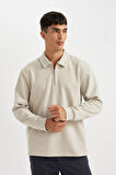 Regular Fit Polo Yaka Yarım Fermuarlı Basic Düz Sweatshirt