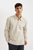 Regular Fit Polo Yaka Yarım Fermuarlı Basic Düz Sweatshirt