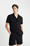 DeFacto Modern Fit Yazlık Polo Yaka Basic Düz Aerobin Kısa Kollu Siyah Gömlek V8406AZ24SMBK27