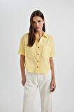 DeFacto Oversize Fit Gömlek Yaka Keten Karışımlı Kısa Kollu Bluz C6193AX24SMYL118