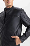 DeFacto Su İtici Slim Fit Dar Kesim Dik Yaka Fermuarlı Suni Deri Mont D6241AX25SPBK27