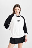 DeFacto Coool Loose Fit Biisklet Yaka Renk Bloklu Baskılı Sweatshirt D6673AX24WNBK81