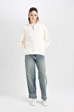 DeFacto Oversize Geniş Kalıp Fermuarlı Dik Yaka Cepli Basic Düz Kalın Sweatshirt D7206AX24WNER118