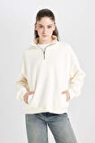DeFacto Oversize Geniş Kalıp Fermuarlı Dik Yaka Cepli Basic Düz Kalın Sweatshirt D7206AX24WNER118