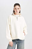 DeFacto Oversize Geniş Kalıp Fermuarlı Dik Yaka Cepli Basic Düz Kalın Sweatshirt D7206AX24WNER118