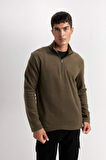 DeFacto Haki Tüylenme Yapmayan Soğuk Geçirmez  Regular Fit Dik Yaka Fermuarlı Polar Sweatshirt Y3996AZNSKH469