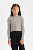 DeFacto Kız Çocuk Cropped Fit Polo Yaka Çizgili Fitilli Kaşkorse Uzun Kollu Tişört D3368A824AUER99