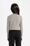 DeFacto Kız Çocuk Cropped Fit Polo Yaka Çizgili Fitilli Kaşkorse Uzun Kollu Tişört D3368A824AUER99
