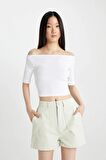 DeFacto Slim Fit Dar Kesim Omuzu Açık Fitilli Kaşkorse Kısa Kollu Tişört C9169AX24SMWT34