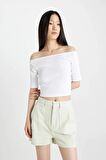 DeFacto Slim Fit Dar Kesim Omuzu Açık Fitilli Kaşkorse Kısa Kollu Tişört C9169AX24SMWT34