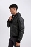 Slim Fit Kapüşonlu Suni Deri Mont