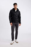 DeFacto Su İtici Slim Fit Dar Kesim Kapüşonlu Pelüş Astar Fermuarlı Cepli Suni Deri Mont N9693AZ24WNBK27