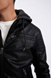 DeFacto Su İtici Slim Fit Dar Kesim Kapüşonlu Pelüş Astar Fermuarlı Cepli Suni Deri Mont N9693AZ24WNBK27