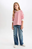 DeFacto Kız Çocuk Relax Fit Bisiklet Yaka Çizgili Sweatshirt D6503A8NSRD63