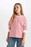 DeFacto Kız Çocuk Relax Fit Bisiklet Yaka Çizgili Sweatshirt D6503A8NSRD63