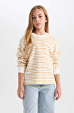 Kız Çocuk Relax Fit Bisiklet Yaka Çizgili Sweatshirt