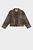 Oversize Leopar Desenli Gömlek Yaka Çift Cepli Gabardin Uzun Kollu Ceket Gömlek