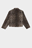 Oversize Leopar Desenli Gömlek Yaka Çift Cepli Gabardin Uzun Kollu Ceket Gömlek
