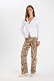 DeFacto Straight Fit Leopar Gabardin Pantolon Yüksek Bel Cepli Uzun D1229AX24AUBG303