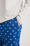 Erkek Regular Fit Bisiklet Yaka Uzun Kollu Basic Düz Üst Desenli Alt Pijama Takımı