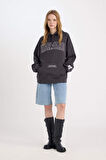 Kadın Antrasit Harvard University Oversize Fit Geniş Kalıp Kapüşonlu Baskılı Kalın Sweatshirt