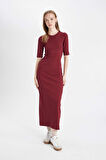 DeFacto 	Bodycon Vücuda Oturan Bisiklet Yaka Basic Düz Fitilli Kaşkorse Kısa Kollu Maxi Bordo Elbise D8623AX24AUBR248