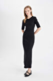 DeFacto 	Bodycon Vücuda Oturan Bisiklet Yaka Basic Düz Fitilli Kaşkorse Kısa Kollu Maxi Elbise D8623AX24AUBK81