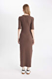 DeFacto Bodycon Vücuda Oturan Bisiklet Yaka Basic Düz Fitilli Kaşkorse Kısa Kollu Maxi Elbise D8623AX24AUBN540