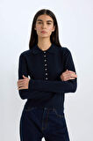 Regular Fit Polo Yaka Basic Düz Triko Kazak