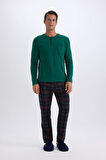 DeFacto Regular Fit Pijama Takımı Bisiklet Yaka Uzun Kollu Üst Kareli Uzun Alt C6123AX24CWGN651